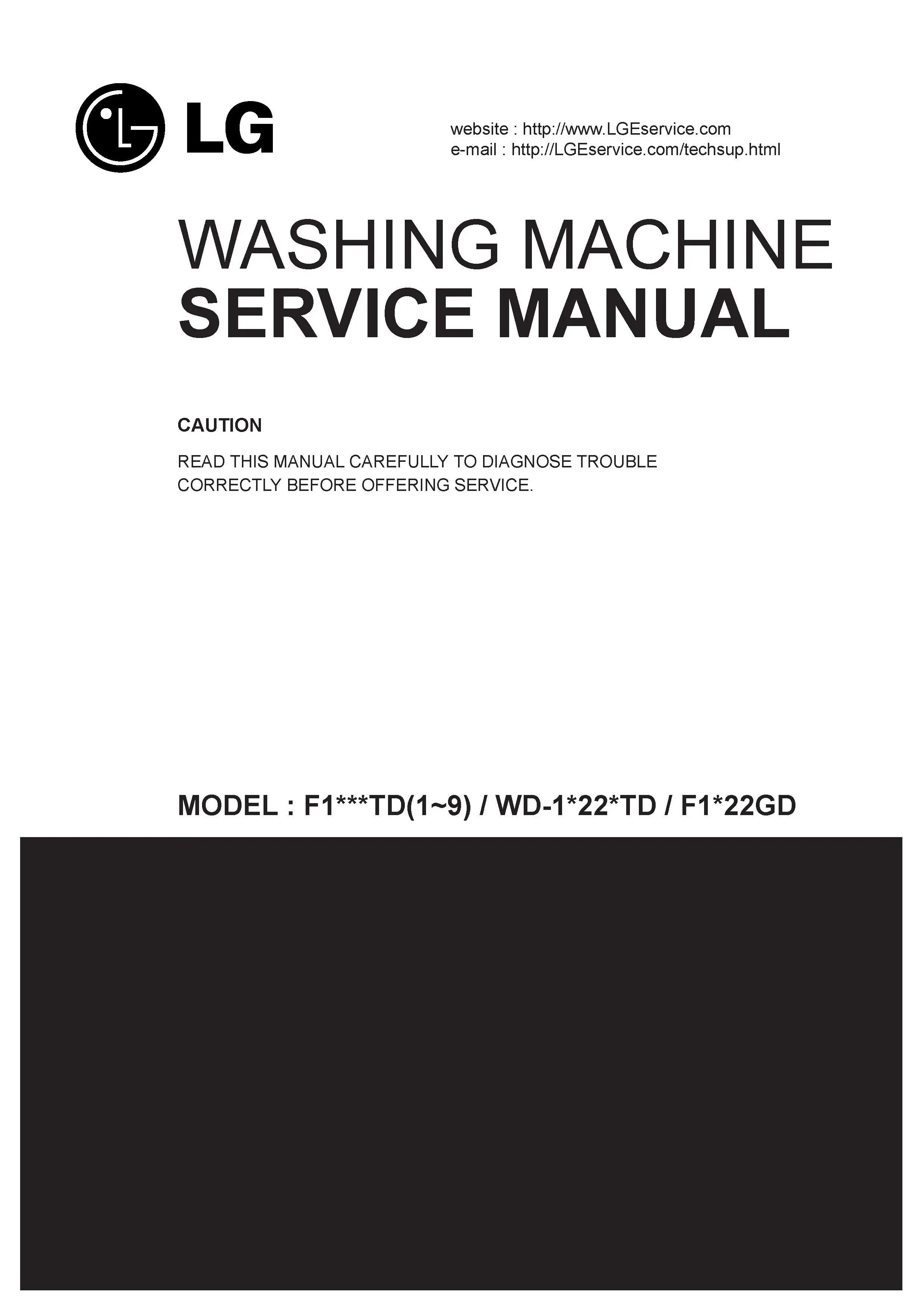 Lg f1622gd5 service manual cover with LG logo, service website path, washer model codes and service caution notice