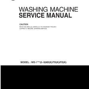 Lg f16722wh service manual cover with LG logo, service website path, washer model codes and service caution notice