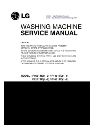 Lg f1681td service manual cover with LG logo, service website path, washer model codes and service caution notice