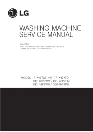 Lg f168pr2d service manual cover with LG logo, service website path, washer model codes and service caution notice
