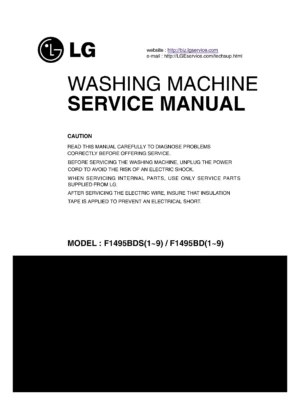 Lg f24962wh service manual cover with LG logo, service website path, washer model codes and service caution notice