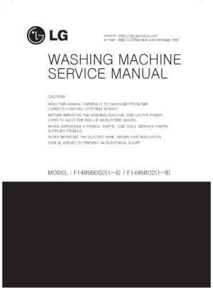 Lg f24963whs service manual cover with LG logo, service website path, washer model codes and service caution notice