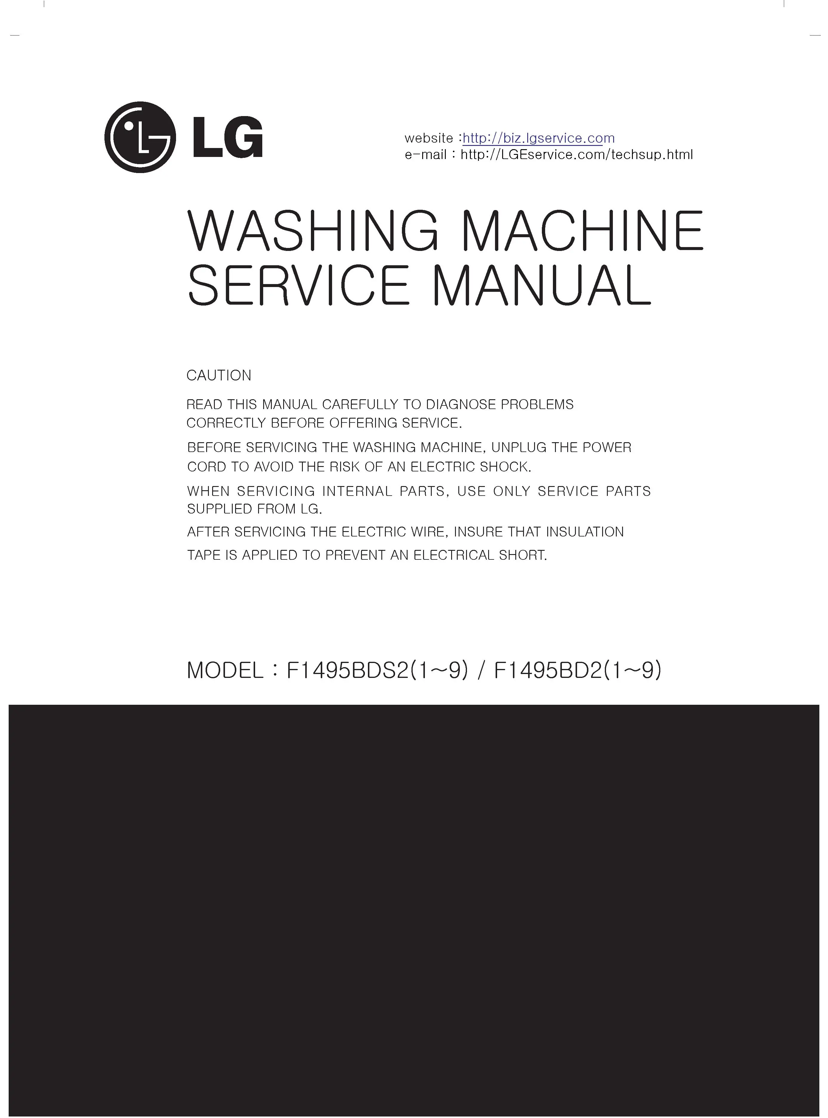 Lg f24963whs service manual cover with LG logo, service website path, washer model codes and service caution notice