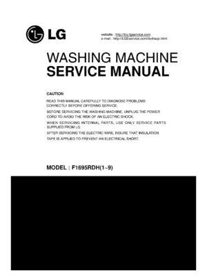Lg f28693wrh service manual cover with LG logo, service website path, washer model codes and service caution notice