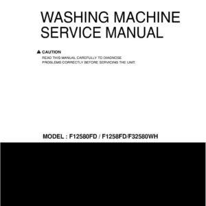 Lg f32580wh service manual cover with LG logo, service website path, washer model codes and service caution notice