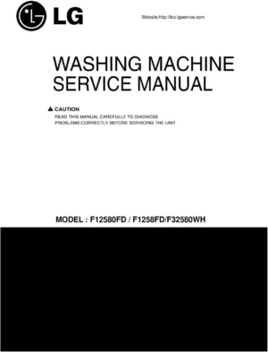 Lg f32580wh service manual cover with LG logo, service website path, washer model codes and service caution notice