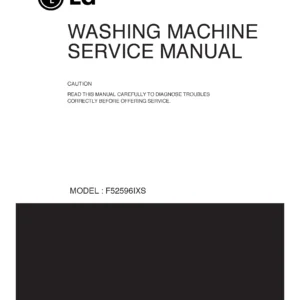 Lg f52590wh service manual cover with LG logo, service website path, washer model codes and service caution notice
