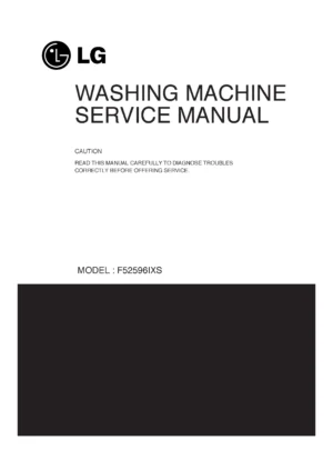 Lg f52590wh service manual cover with LG logo, service website path, washer model codes and service caution notice