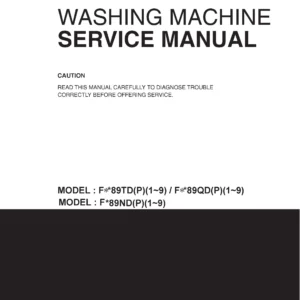 Lg f72891wh service manual cover with LG logo, service website path, washer model codes and service caution notice