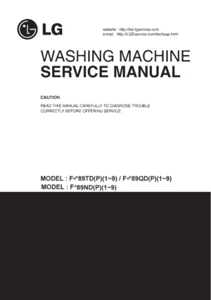 Lg f72891wh service manual cover with LG logo, service website path, washer model codes and service caution notice