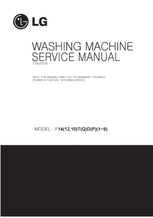 Lg f74480wh service manual cover with LG logo, service website path, washer model codes and service caution notice