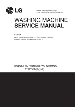 Lg f74680wh service manual cover with LG logo, service website path, washer model codes and service caution notice