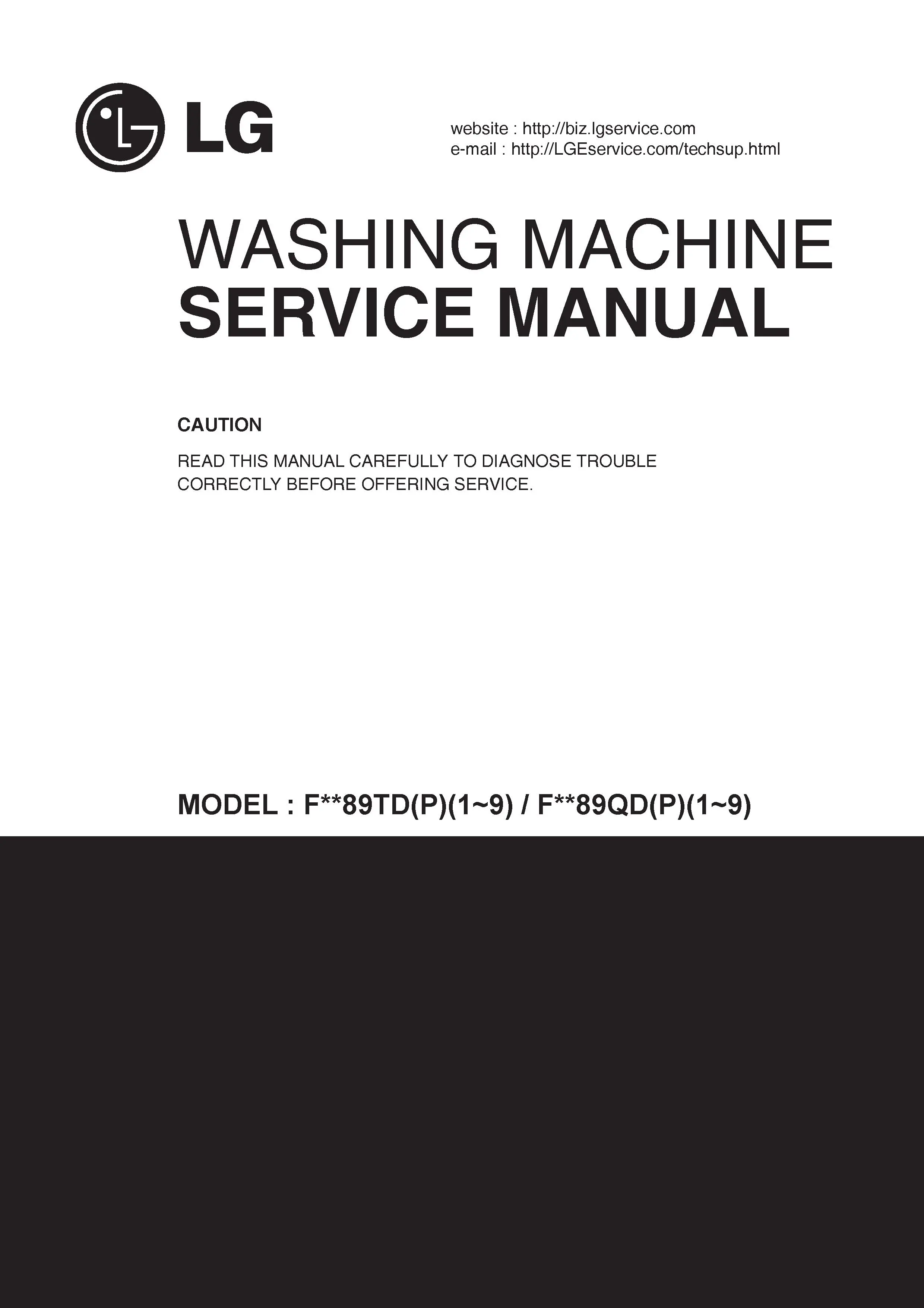Lg f74890wh service manual cover with LG logo, service website path, washer model codes and service caution notice
