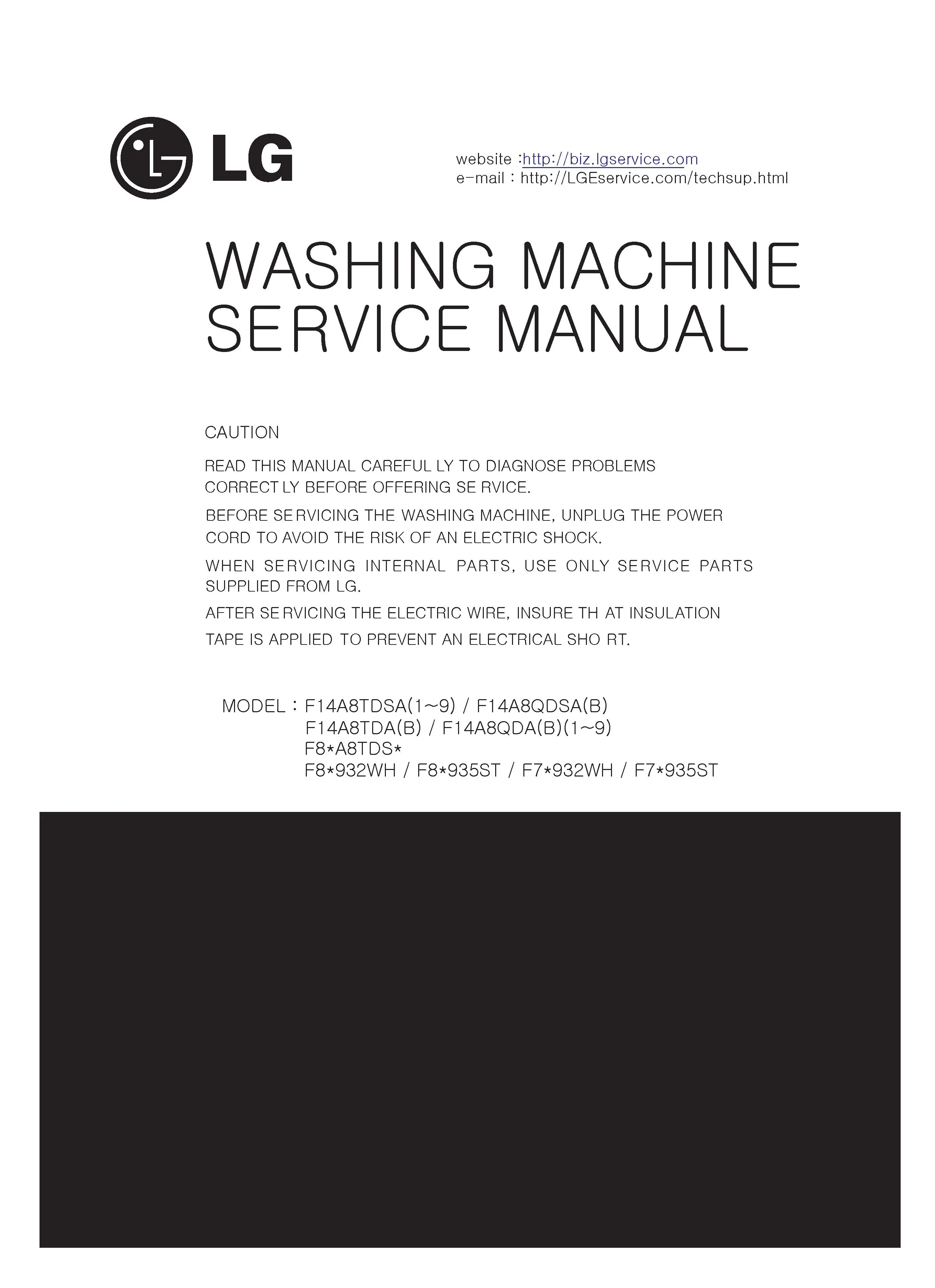 Lg f74932wh service manual cover with LG logo, service website path, washer model codes and service caution notice