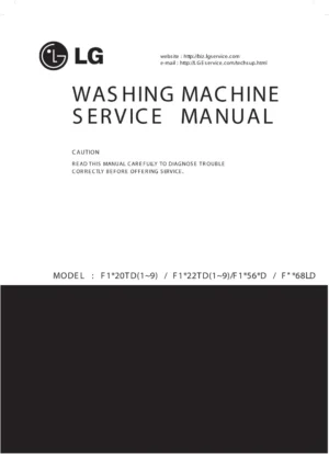 Lg f8068ld service manual cover with LG logo, service website path, washer model codes and service caution notice