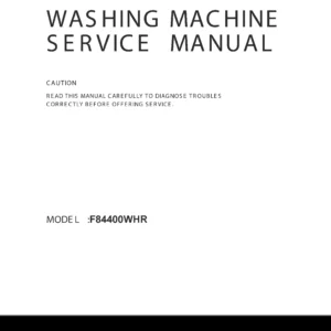 Lg f84400whr service manual cover with LG logo, service website path, washer model codes and service caution notice