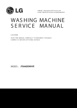 Lg f84400whr service manual cover with LG logo, service website path, washer model codes and service caution notice
