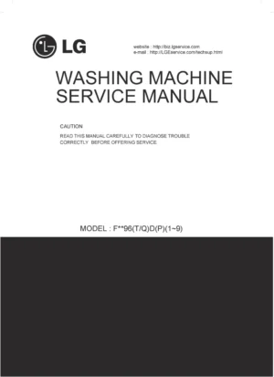 Lg f84882wh service manual cover with LG logo, service website path, washer model codes and service caution notice