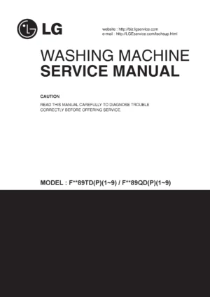 Lg f84890wh service manual cover with LG logo, service website path, washer model codes and service caution notice