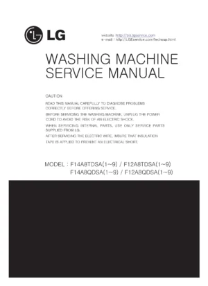 Lg f84933whs service manual cover with LG logo, service website path, washer model codes and service caution notice