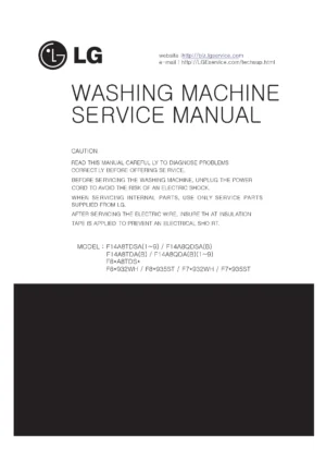 Lg f84935st service manual cover with LG logo, service website path, washer model codes and service caution notice