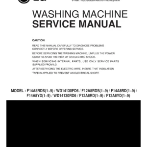 Lg f86400whr service manual cover with LG logo, service website path, washer model codes and service caution notice