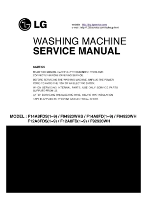 Lg f92920wh service manual cover with LG logo, service website path, washer model codes and service caution notice