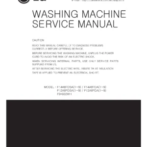 Lg f92932wh service manual cover with LG logo, service website path, washer model codes and service caution notice
