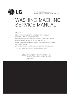 Lg f92932wh service manual cover with LG logo, service website path, washer model codes and service caution notice