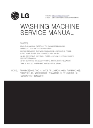 Lg f96400whr f86400whr service manual cover with LG logo, service website path, washer model codes and service caution notice