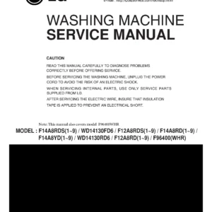 Lg f96400whr service manual cover with LG logo, service website path, washer model codes and service caution notice