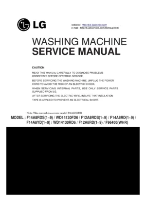Lg f96400whr service manual cover with LG logo, service website path, washer model codes and service caution notice