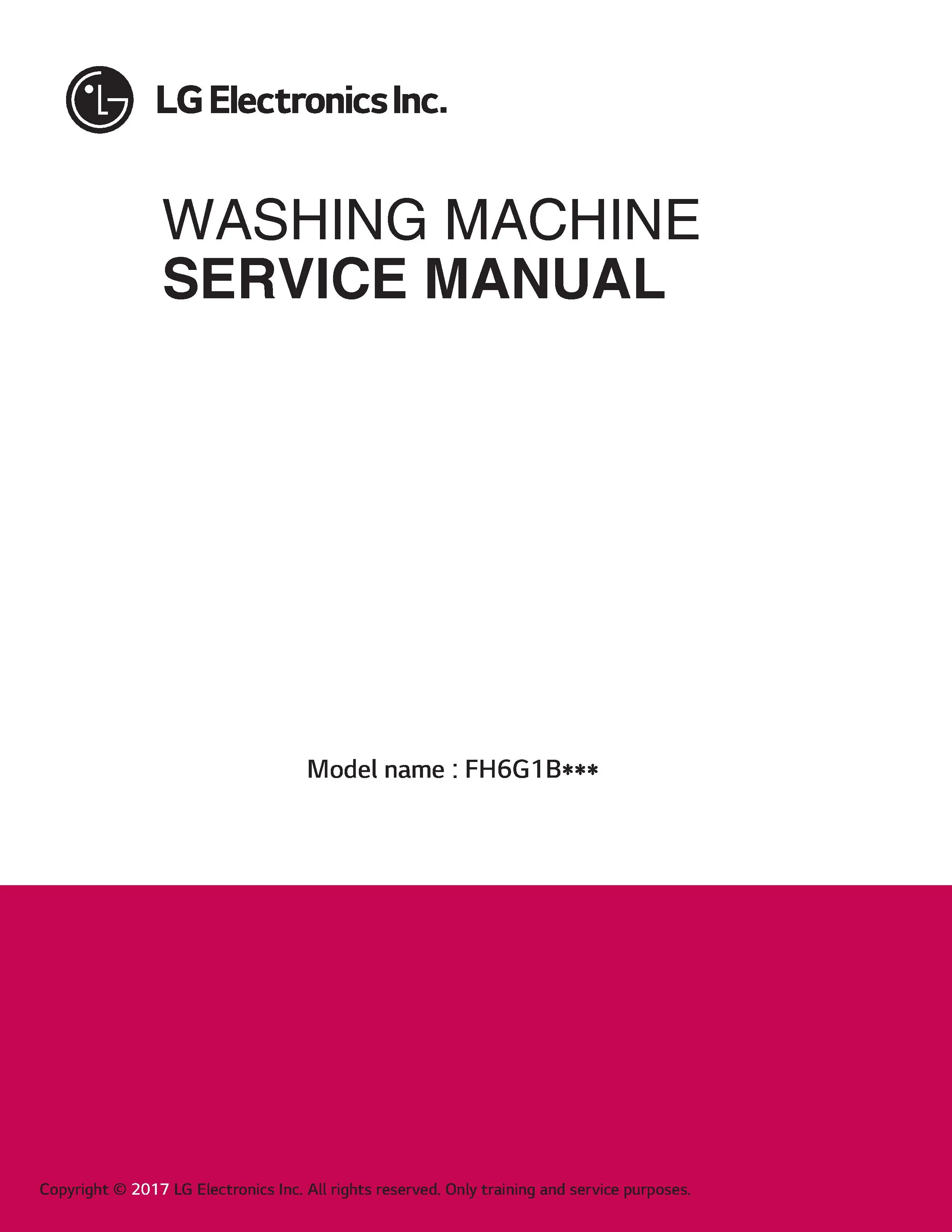 Lg fh6g1bch2n fh6g1bchk6n fh6g1bch6n service manual cover with LG logo, service website path, washer model codes and service caution notice