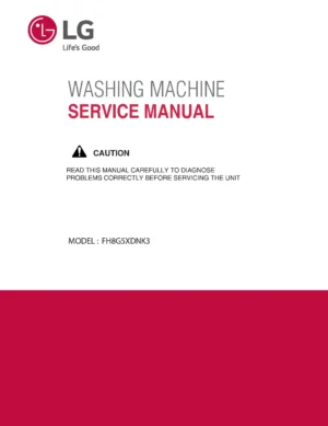 Lg fh8g5xdnk3 service manual cover with LG logo, service website path, washer model codes and service caution notice