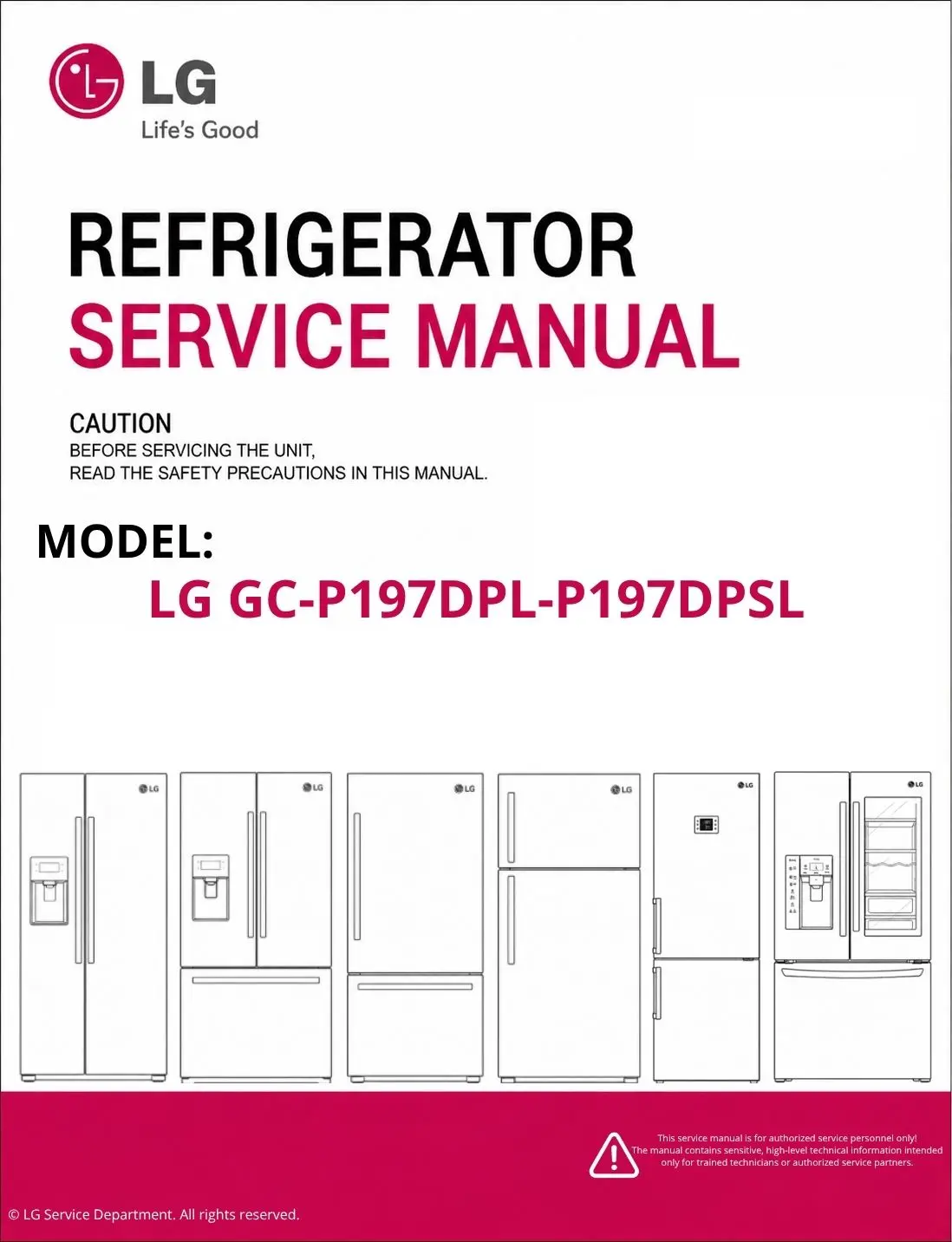 Lg gc p197dpl p197dpsl refrigerator service manual cover with model code