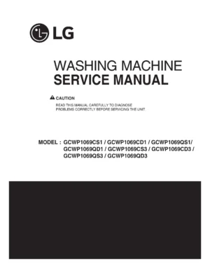 Lg gcwp1069c gcwp1069q series service manual cover with LG logo, service website path, washer model codes and service caution notice