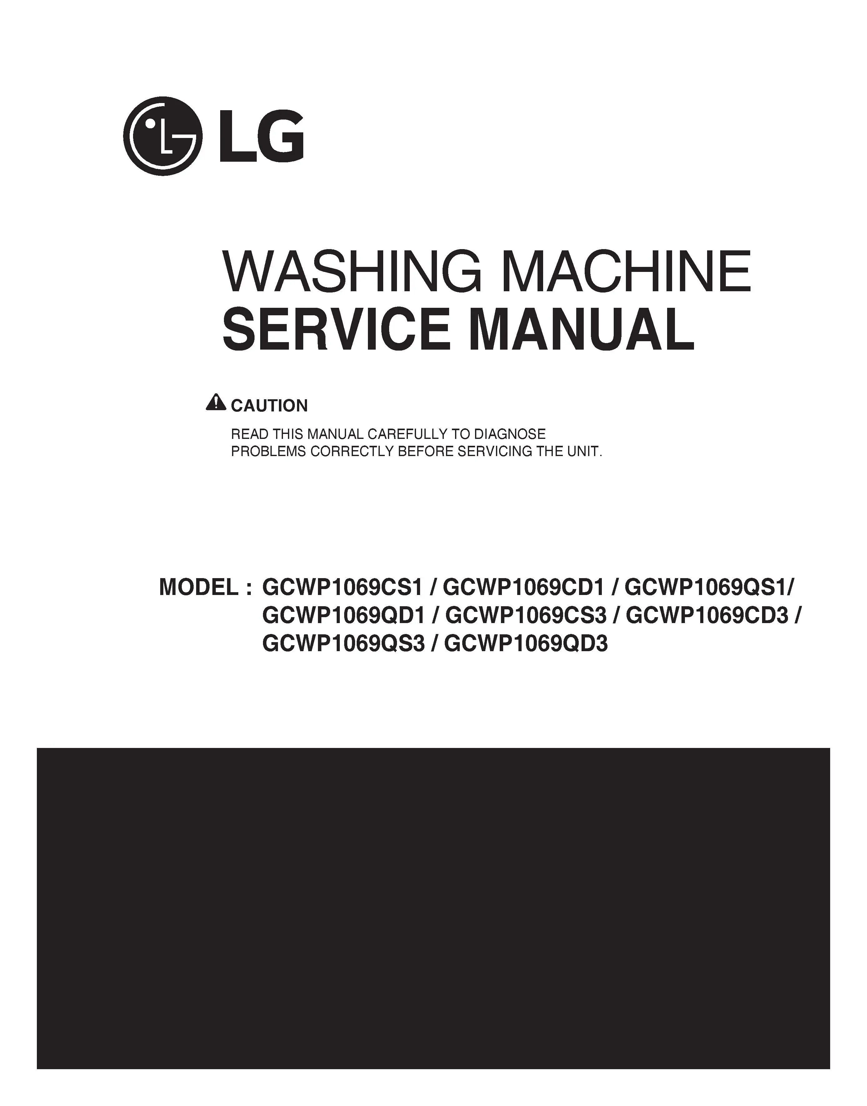Lg gcwp1069c gcwp1069q series service manual cover with LG logo, service website path, washer model codes and service caution notice