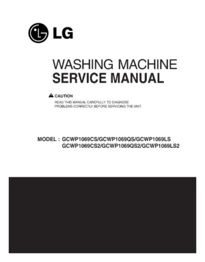 Lg gcwp1069cs gcwp1069qs gcwp1069ls service manual cover with LG logo, service website path, washer model codes and service caution notice
