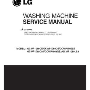 Lg gcwp1069cs2 gcwp1069qs2 gcwp1069ls2 service manual cover with LG logo, service website path, washer model codes and service caution notice