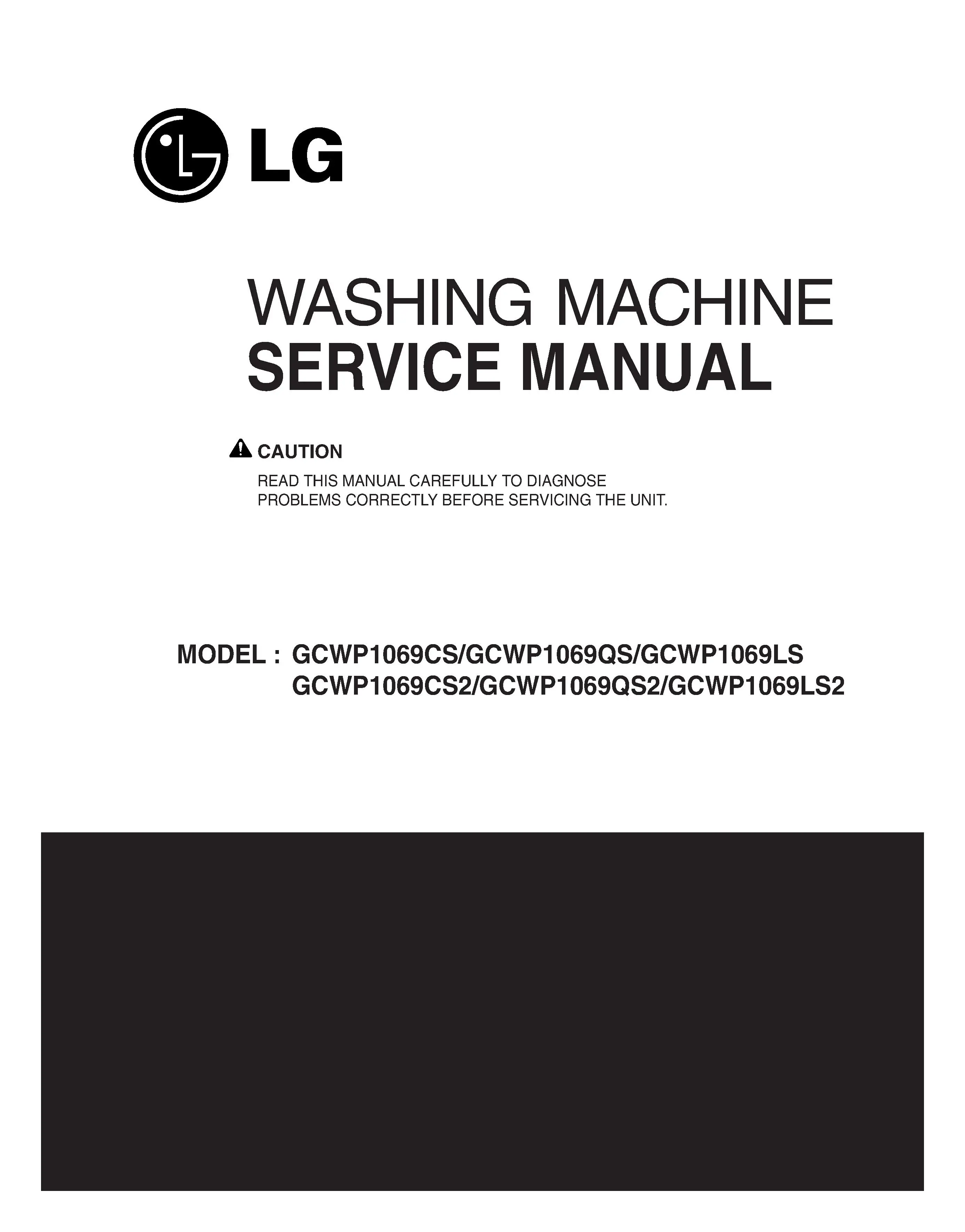 Lg gcwp1069cs2 gcwp1069qs2 gcwp1069ls2 service manual cover with LG logo, service website path, washer model codes and service caution notice