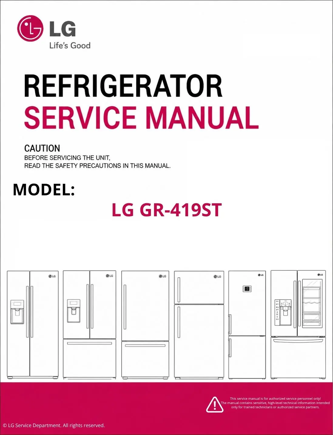 Lg gr 419st refrigerator service manual cover with model code