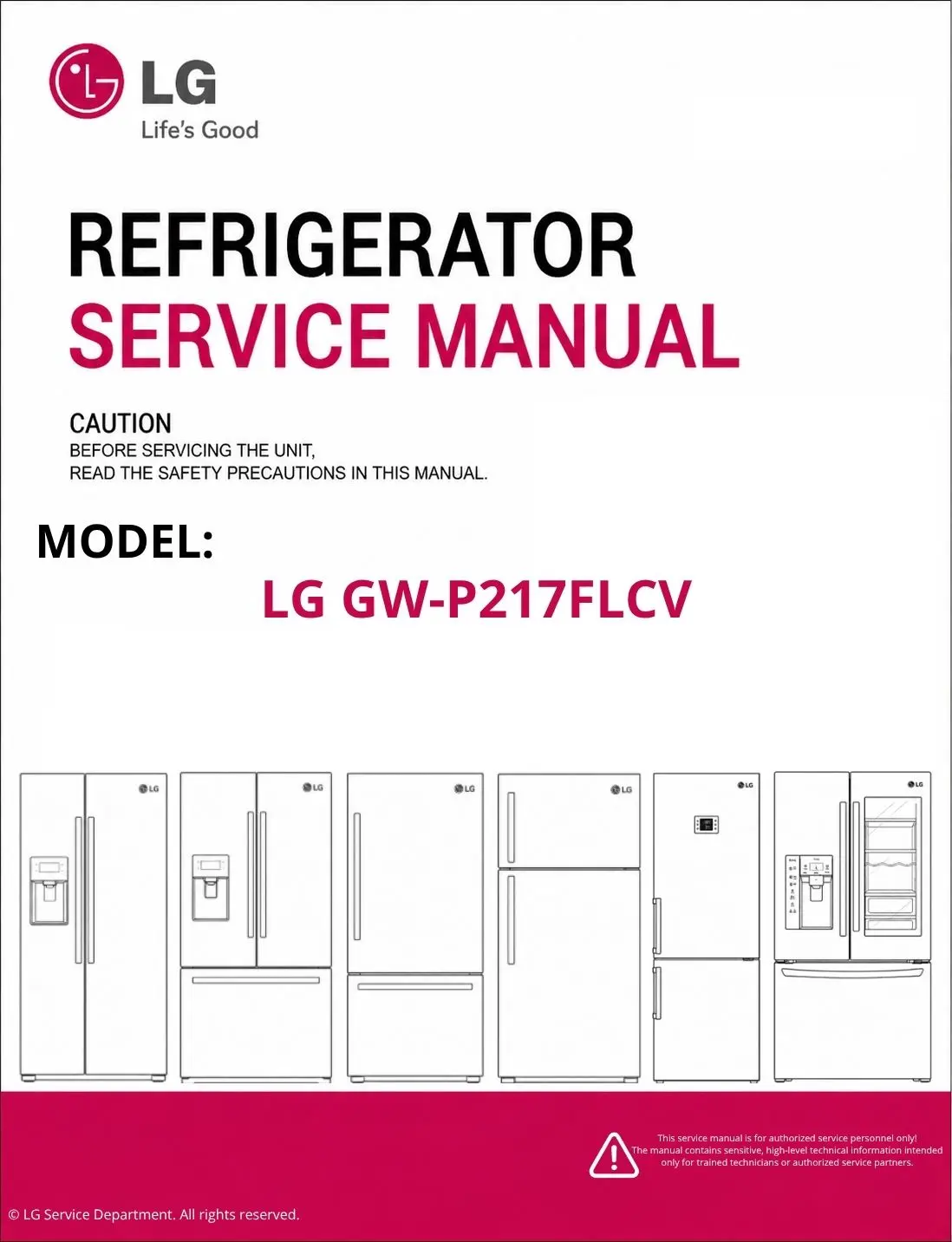 Lg gw p217flcv refrigerator service manual cover with model code