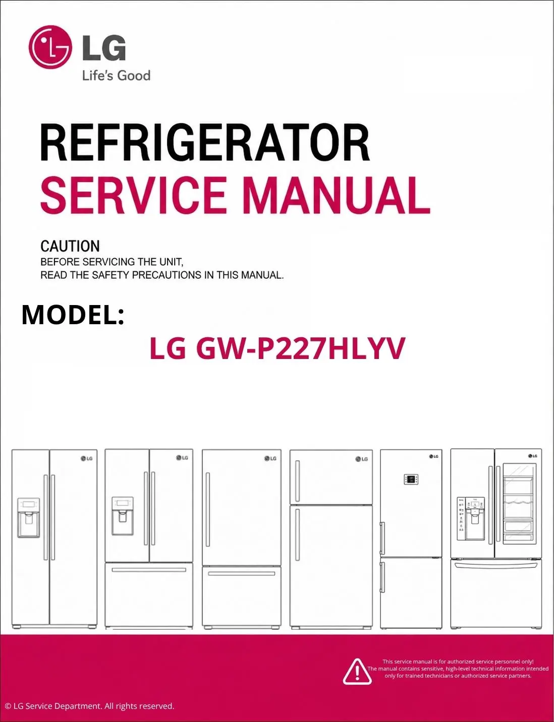 Lg gw p227hlyv refrigerator service manual cover with model code