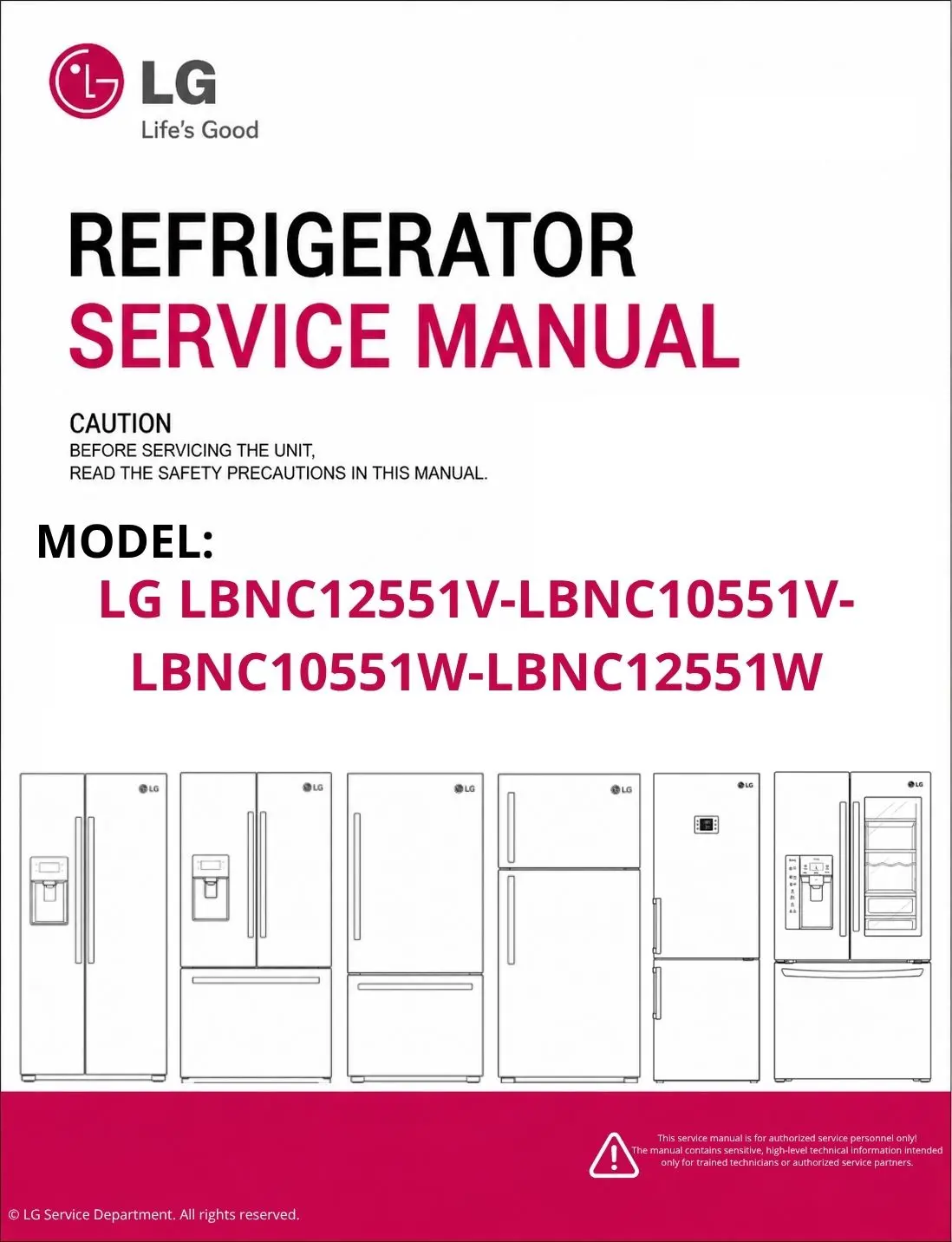 Lg lbnc12551v lbnc10551v lbnc10551w lbnc12551w refrigerator service manual cover with model code