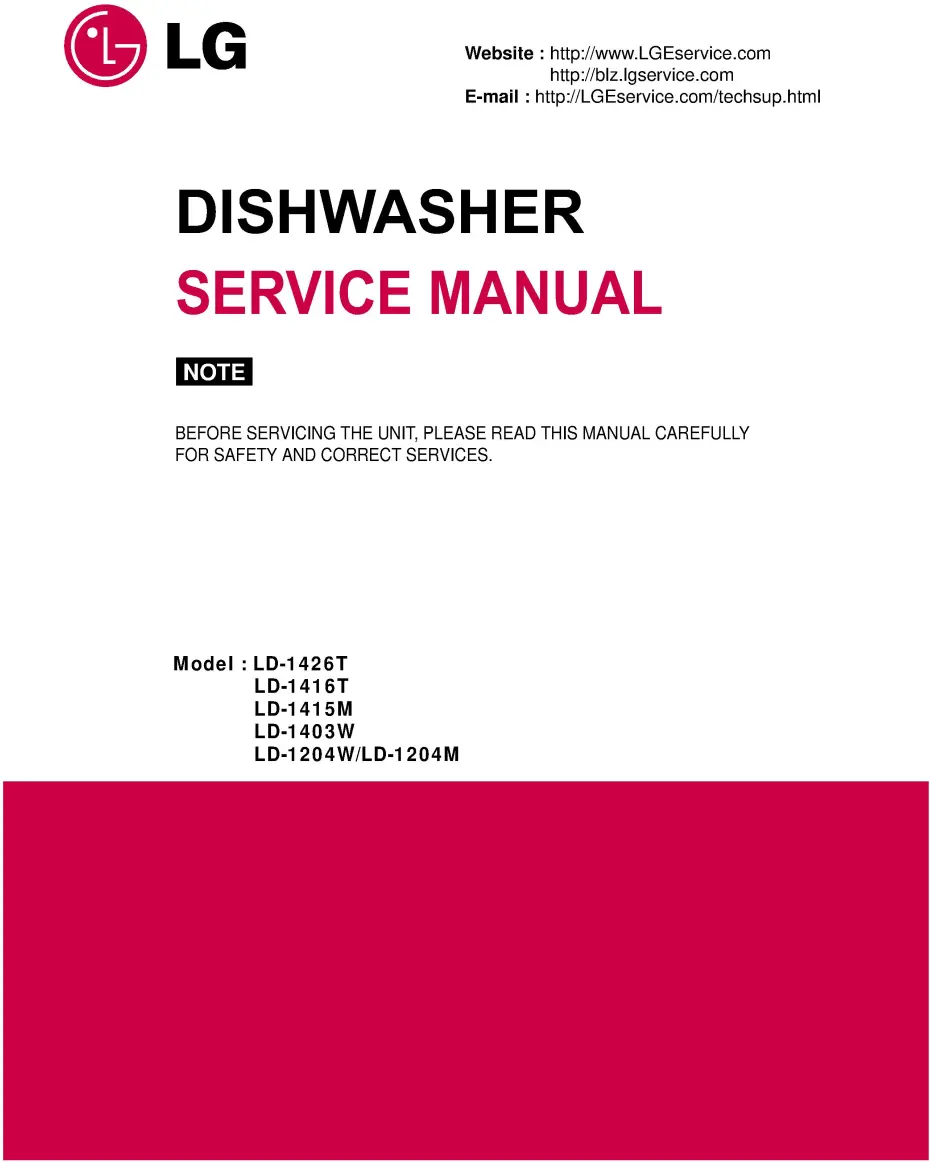 Lg ld 1403w service manual cover dishwasher service manual with model codes and service caution notice