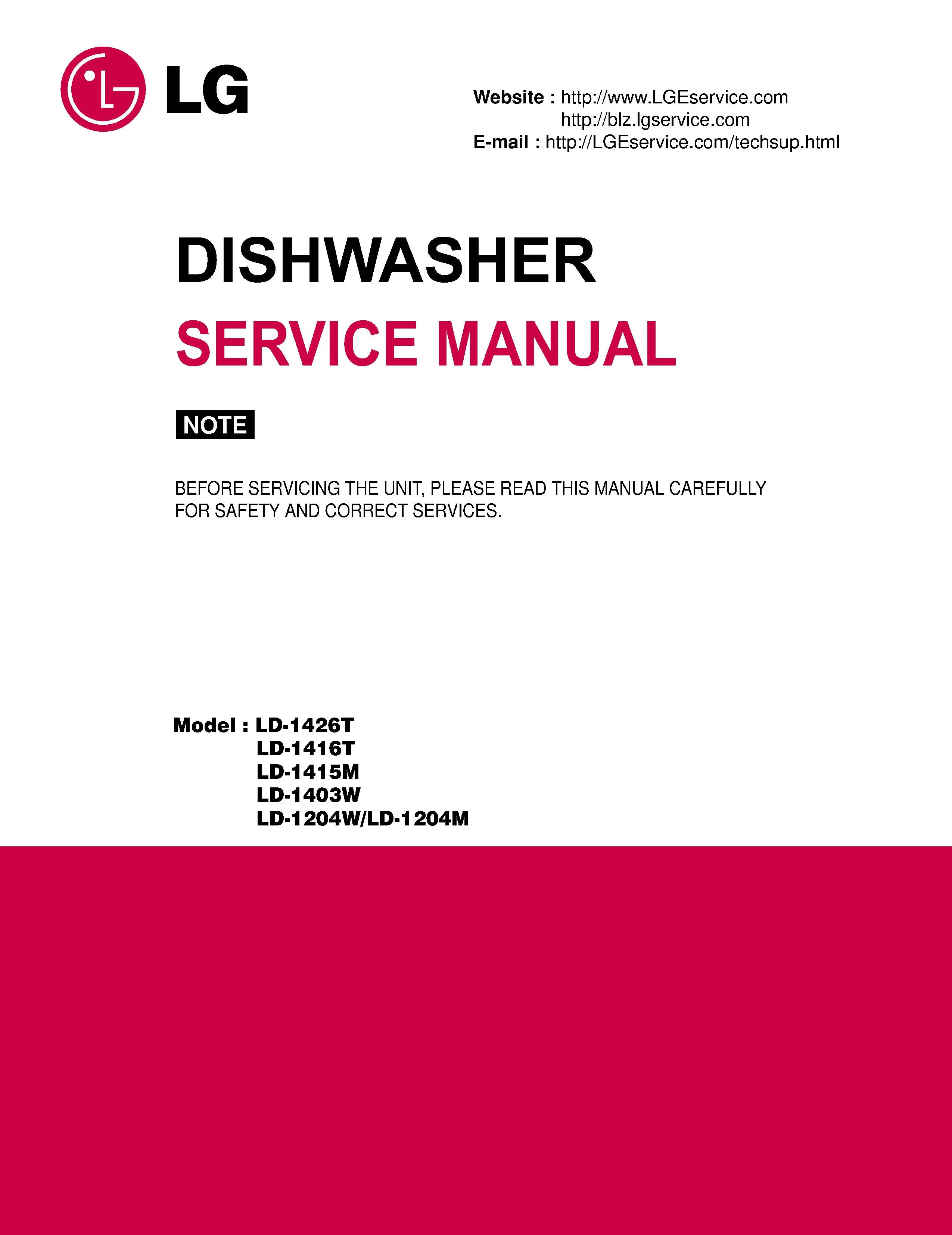 Lg ld 1426t 1416t 1415m 1403w service manual cover dishwasher service manual with model codes and service caution notice
