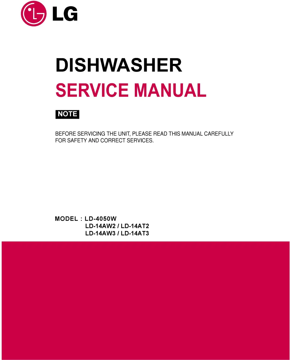 Lg ld 14aw3 ld 14at3 service manual cover dishwasher service manual with model codes and service caution notice