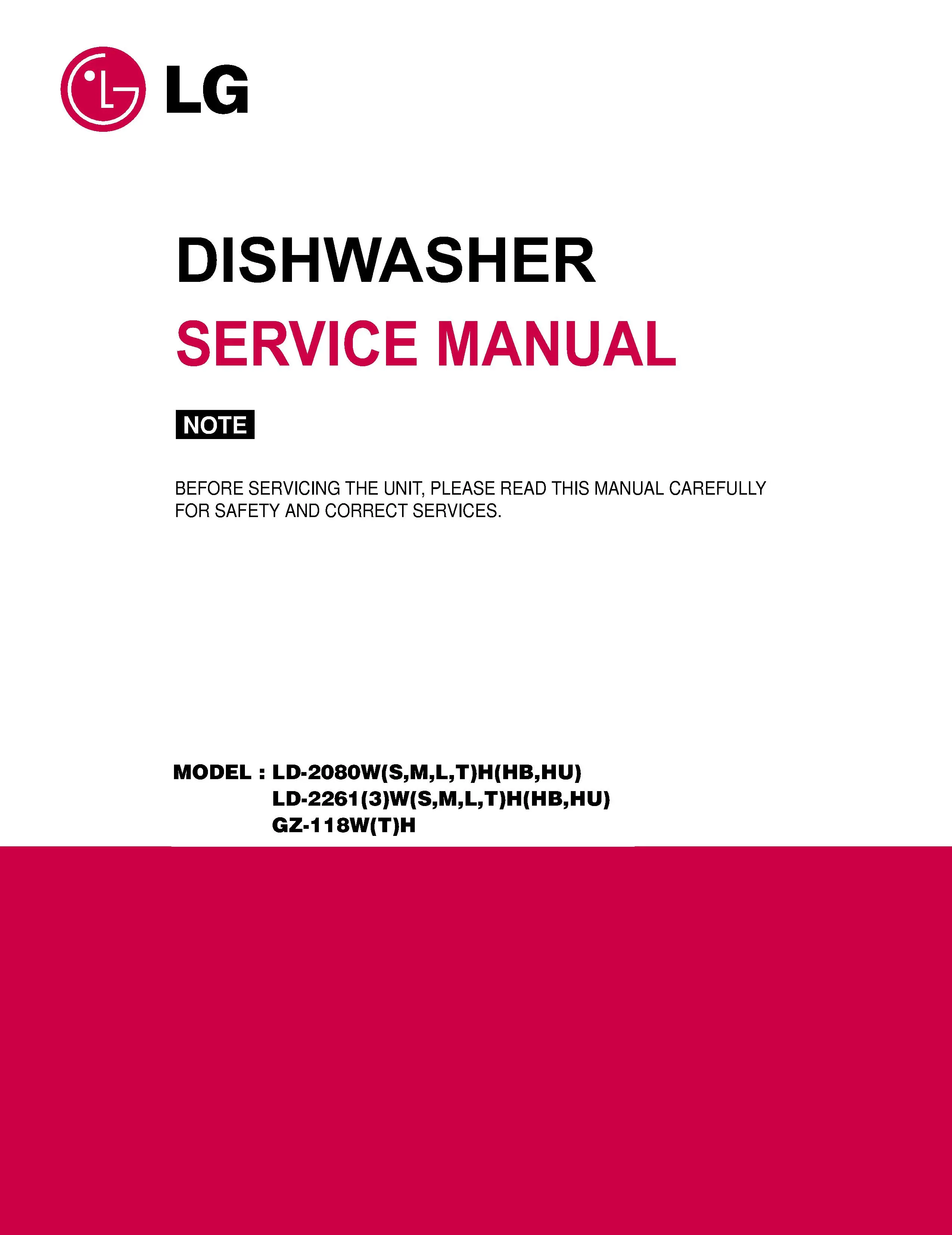 Lg ld 2263th service manual cover dishwasher service manual with model codes and service caution notice