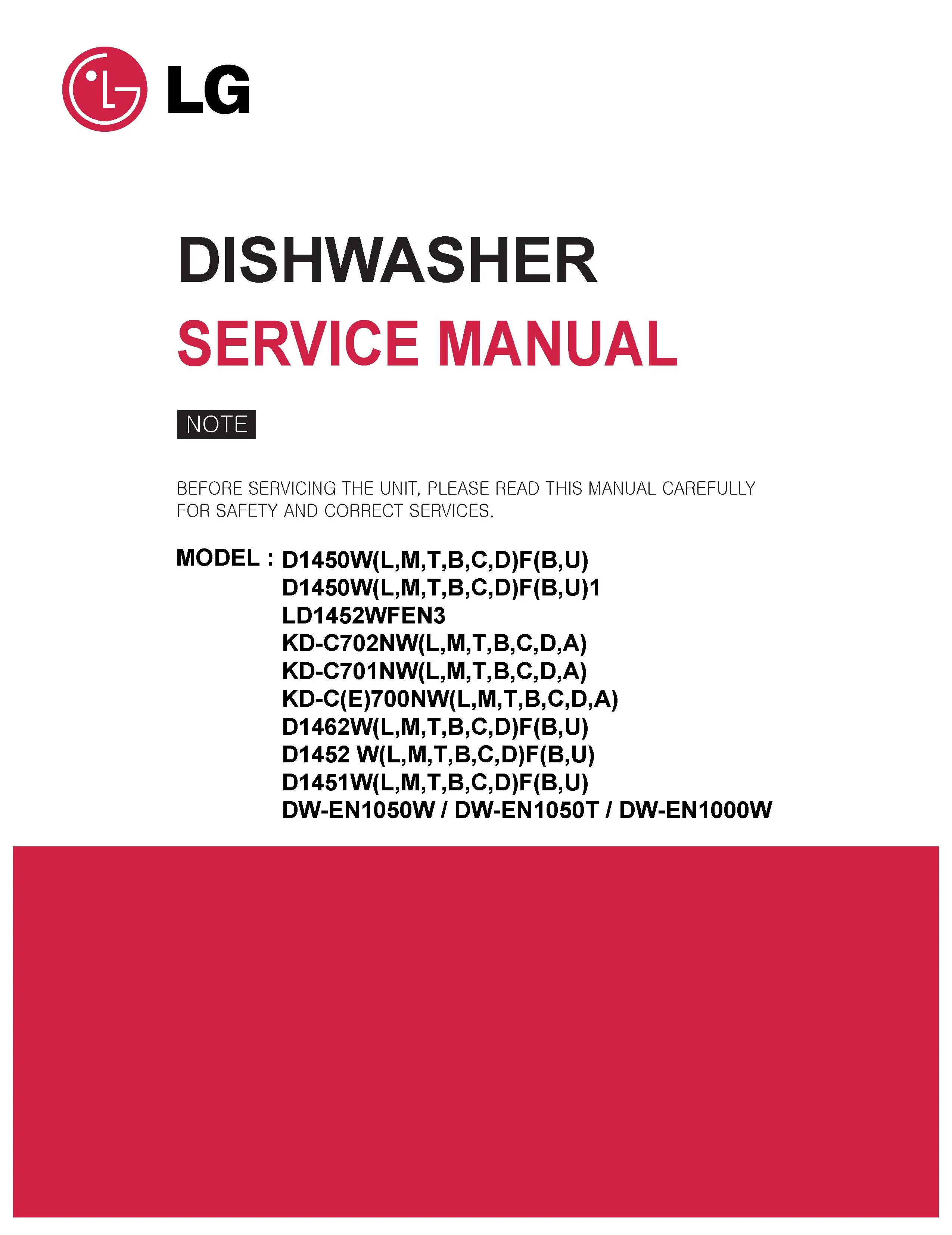 Lg ld1452wfen3 service manual cover dishwasher service manual with model codes and service caution notice