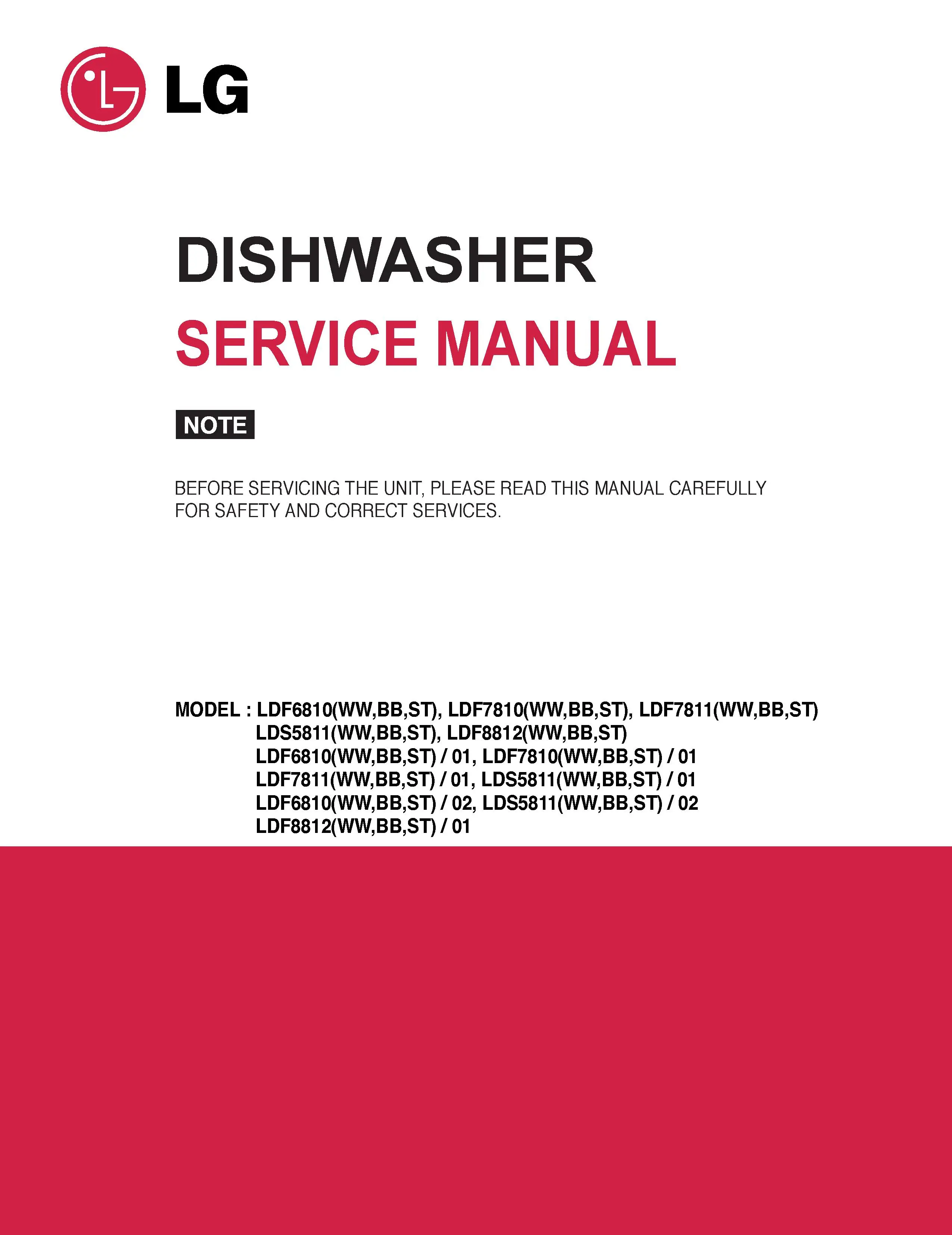 Lg ldf6810 ldf7810 ldf7811 lds5811 ldf8812 service manual cover dishwasher service manual with model codes and service caution notice